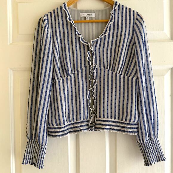 Intermix Striped Button Up Ruffled Long Sleeve Top Smocked Cuffs Cottagecore 4 - Picture 1 of 6